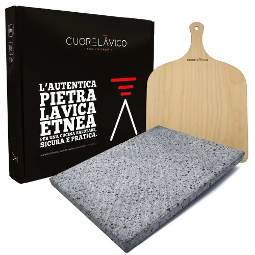 set per pizza cuore lavico - piastra refrattaria in pietra lavica etnea 39x30